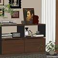 Modern Entryway Cabinet Sideboard Design With Books Decorative Sculpture Framed Pictures And Potted Plant