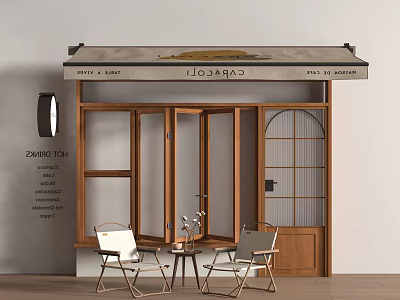 Cozy Cafe Exterior With Wooden Door Large Window Awning And Outdoor Seating 3d model