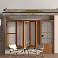 Cozy Cafe Exterior With Wooden Door Large Window Awning And Outdoor Seating
