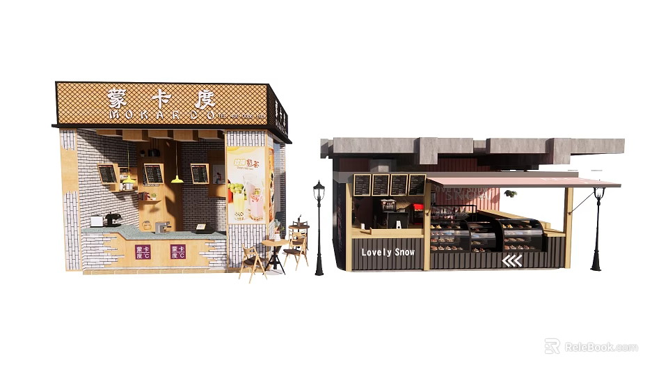Traditional Modern Storefront Design With Outdoor Seating Wooden Awnings And Signage 3d model 