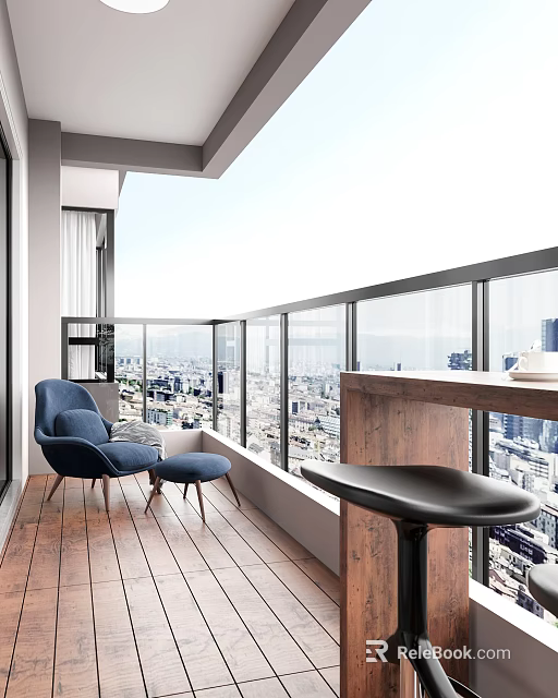 Home Balcony With Wooden Flooring Glass Railings City View Blue Armchair And Black Bar Stool 3d model 