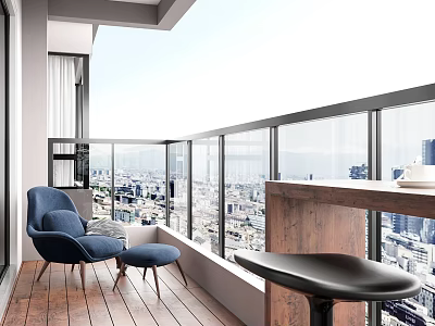 Home Balcony With Wooden Flooring Glass Railings City View Blue Armchair And Black Bar Stool 3d model