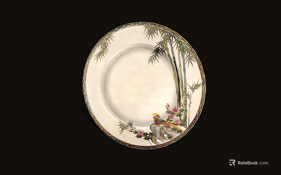 Decorative Porcelain Plate Design With Bamboo Motifs Bird Figure And Gold Rim Details 3d model 