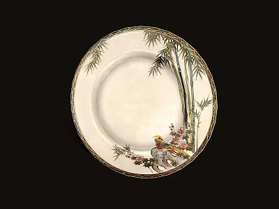 Decorative Porcelain Plate Design With Bamboo Motifs Bird Figure And Gold Rim Details 3d model