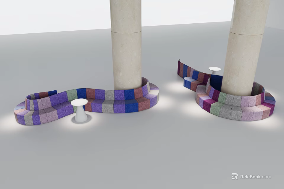 Colorful Square-patterned Irregular-shaped Sofa Wrapped Around White Columns with Small White Round Tables 3d model