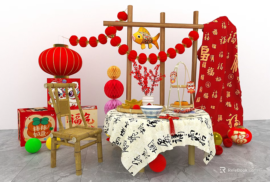 Chinese New Year Interactive Area With Red Lanterns Fu Characters And Table Setup 3d model