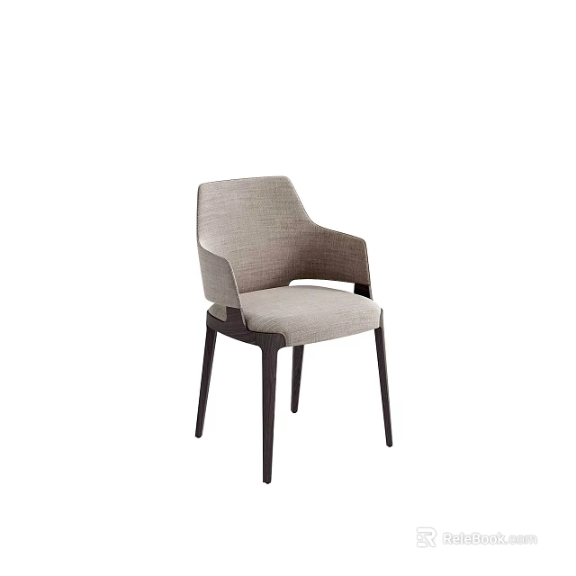 Modern Upholstered Light Gray Dining Chair With Ergonomic Armrests And Black Wooden Legs 3d model 