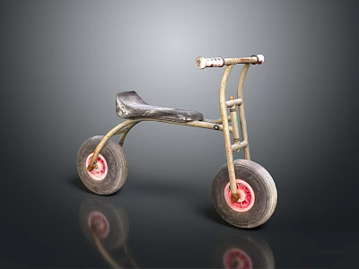 Tricycle with Golden Frame Black Seat and Gray Wheels Featuring Red Hubs on Dark Background 3d model