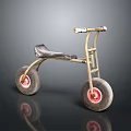 Tricycle with Golden Frame Black Seat and Gray Wheels Featuring Red Hubs on Dark Background