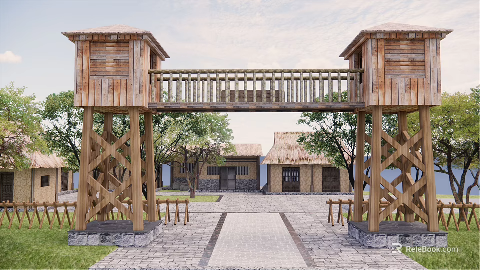 Wooden Entrance Gate with Twin Towers Balcony Stone Path Trees and Thatched Roof Buildings 3d model 