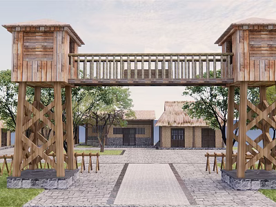 Wooden Entrance Gate with Twin Towers Balcony Stone Path Trees and Thatched Roof Buildings 3d model
