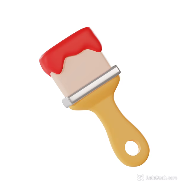 Practical Household Paintbrush With Red Paint Bristles Yellow Handle And Metal Ferrule 3d model 