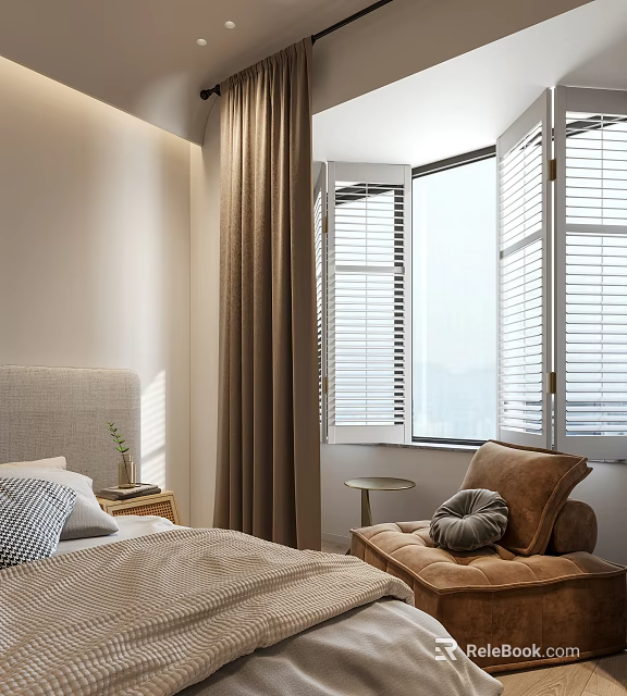 Cozy Modern Bedroom Interior With Fabric Headboard Brown Curtains Window Shutters And Armchair 3d model 