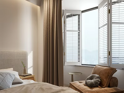 Cozy Modern Bedroom Interior With Fabric Headboard Brown Curtains Window Shutters And Armchair 3d model
