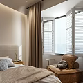 Cozy Modern Bedroom Interior With Fabric Headboard Brown Curtains Window Shutters And Armchair