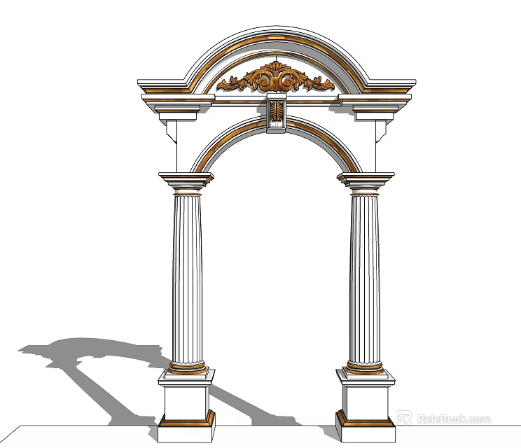 European Style Archway With White Columns Golden Accents And Ornate Carved Top 3d model 