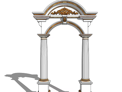 European Style Archway With White Columns Golden Accents And Ornate Carved Top 3d model