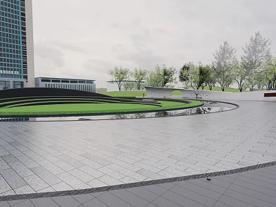 Modern City Park Landscape With Green Lawn Water Feature Trees Paved Plaza And Background Buildings 3d model