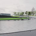 Modern City Park Landscape With Green Lawn Water Feature Trees Paved Plaza And Background Buildings