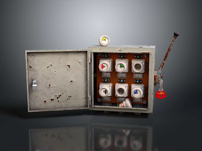 Industrial Metal Control Panel With Open Door Multiple Gauges Control Buttons And Red Lever 3d model