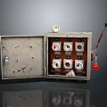 Industrial Metal Control Panel With Open Door Multiple Gauges Control Buttons And Red Lever