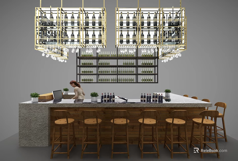 Modern Bar Counter With Wooden Stools Hanging Wine Rack Chandeliers And Stone Top 3d model 