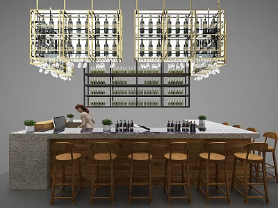 Modern Bar Counter With Wooden Stools Hanging Wine Rack Chandeliers And Stone Top 3d model