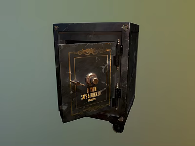 Black Safe Deposit Box With Gold Decorative Accents And Rolling Wheels Design 3d model