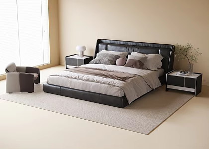 Modern Double Bedside Cabinet Leather Bed Leisure Chair 3d model