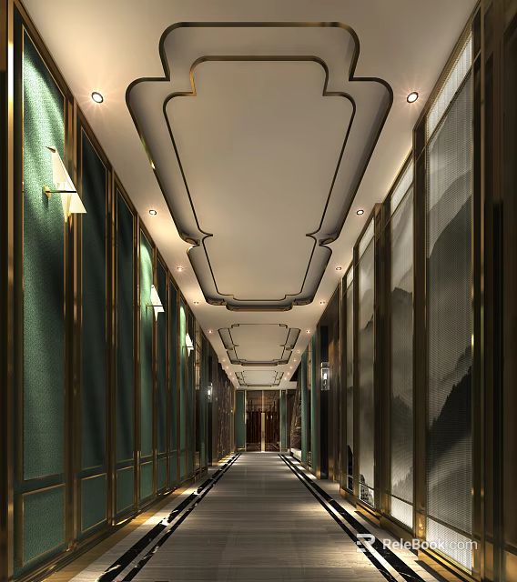 Elegant Modern Hotel Corridor With Luxurious Ceiling Design And Wall Lamps 3d model 