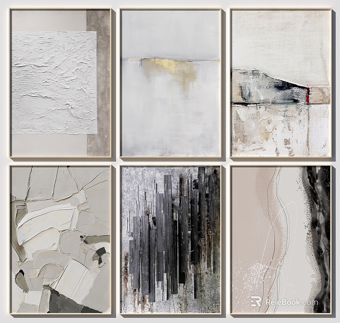 Modern Abstract Oil Paintings With Gray Beige Black Tones And Textured Details 3d model 