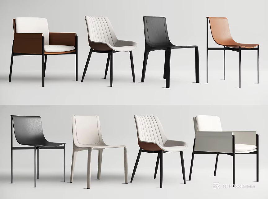 Modern Dining Chairs With Striped And Solid Backrests Leather Fabric Seats And Metal Legs 3d model 