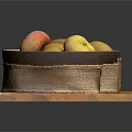 Fresh Yellow And Red Mixed Fruits In Black Bowl On Wooden Cutting Board
