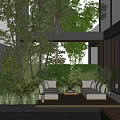 Modern Garden Landscape Design With Lush Green Plants Outdoor Sofas Wooden Deck And Water Pool