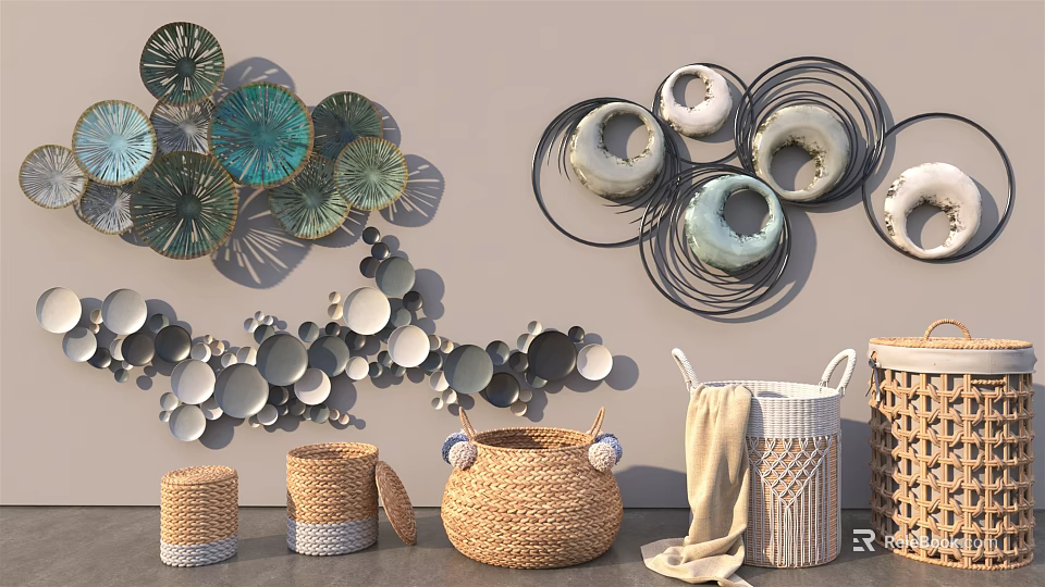 Modern Wall Decor With Circular Metallic Frames And Colorful Layered Arrangements 3d model