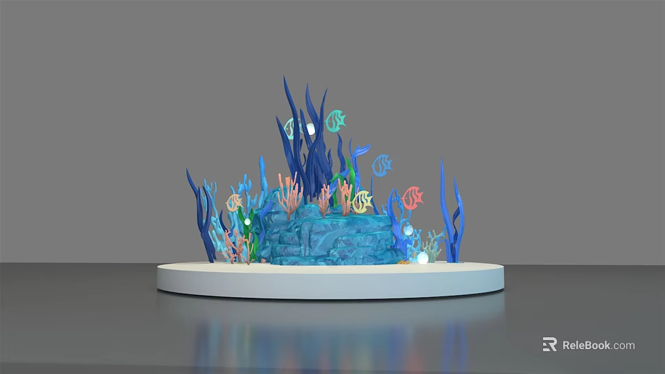 3D Underwater Scene Model With Blue Seaweed Colorful Fish Coral And White Platform 3d model 