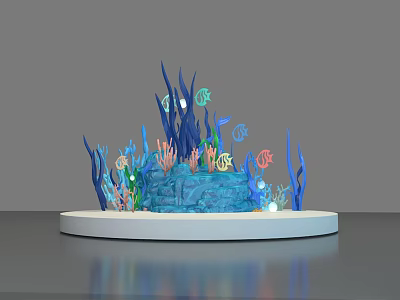 3D Underwater Scene Model With Blue Seaweed Colorful Fish Coral And White Platform 3d model
