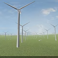Wind Turbines Standing On Green Grassland Under Blue Sky With White Clouds