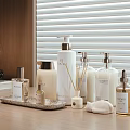 Daily Bathroom Care Essentials Liquid Soap Lotion Fragrance Sticks On Tray With Wooden Table Blinds
