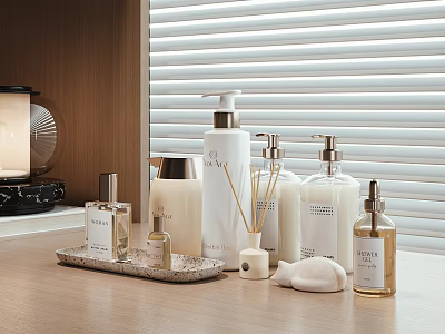 Daily Bathroom Care Essentials Liquid Soap Lotion Fragrance Sticks On Tray With Wooden Table Blinds 3d model