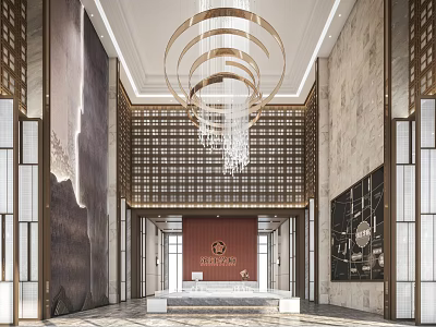 Luxury Lobby Reception Desk Design with Elegant Chandelier Marble Walls and Art Decor 3d model