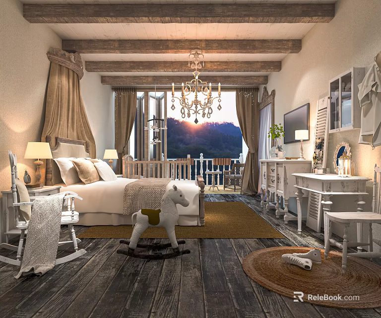 Hotel Guest Room Featuring Wooden Flooring Large Bed Chandelier Rocking Horse And Mountain View 3d model 