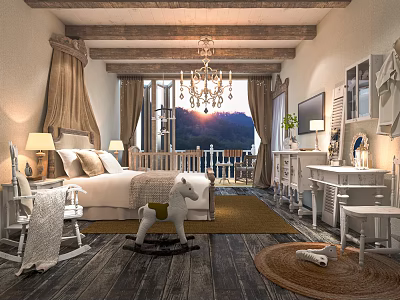 Hotel Guest Room Featuring Wooden Flooring Large Bed Chandelier Rocking Horse And Mountain View 3d model