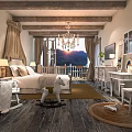 Hotel Guest Room Featuring Wooden Flooring Large Bed Chandelier Rocking Horse And Mountain View
