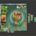 Cartoon Scene With Orange Bookshelf Green Plants Round Window Wooden Table Blue Rug And Steps
