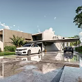 Modern Detached Villa Exterior With Concrete Facade Driveway Trees And Landscaping