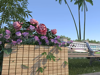 Garden Landscape With Wooden Fence Pink Purple Roses Tall Palm Trees White Bridge Blue Sky 3d model