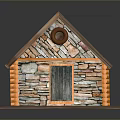 Wooden Log Cabin Structure With Rustic Roof And Stone Wall Details