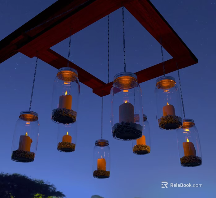 Outdoor Rustic Glass Jar Chandelier With Lit Candles Red Wooden Frame Night Sky 3d model 