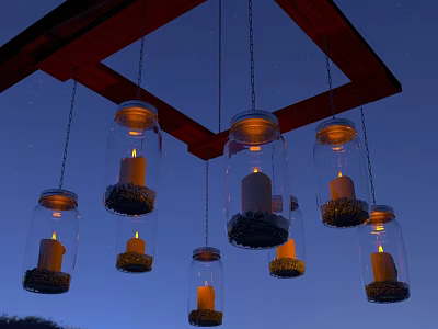 Outdoor Rustic Glass Jar Chandelier With Lit Candles Red Wooden Frame Night Sky 3d model
